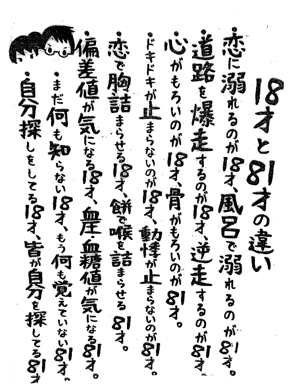 18才と81才の違い ・恋に溺れるのが18才、風呂で溺れるのが81才。・道路を爆走するのが18才、逆走するのが81才。・心がもろいのが18才、骨がもろいのが81才。・ドキドキが止まらないのが18才、動悸が止まらないのが81才。・恋で胸詰まらせる18才、餅で喉を詰まらせる81才。・偏差値が気になる18才、血圧・血糖値が気になる81才。・まだ何も知らない18才、もう何も覚えていない81才。・自分探しをしてる18才、皆が自分を探してる81才。